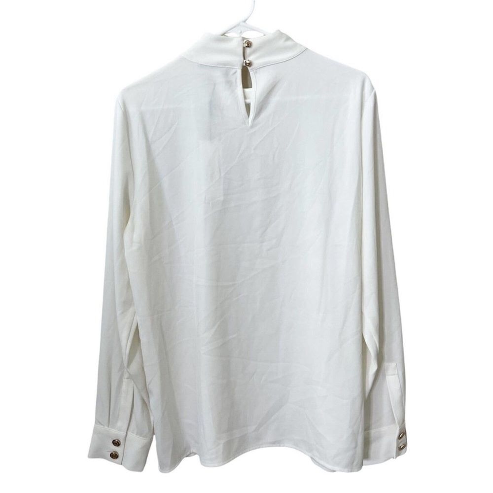 Calvin Klein Womens Mock Neck Blouse Ivory Long Sleeve Button Cuff Stretch L - Picture 8 of 8